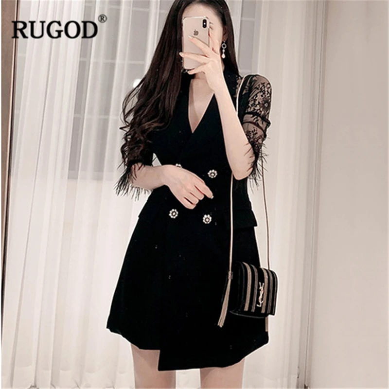 Женские блейзеры RUGOD черные двубортные с v-образным вырезом и кружевными рукавами