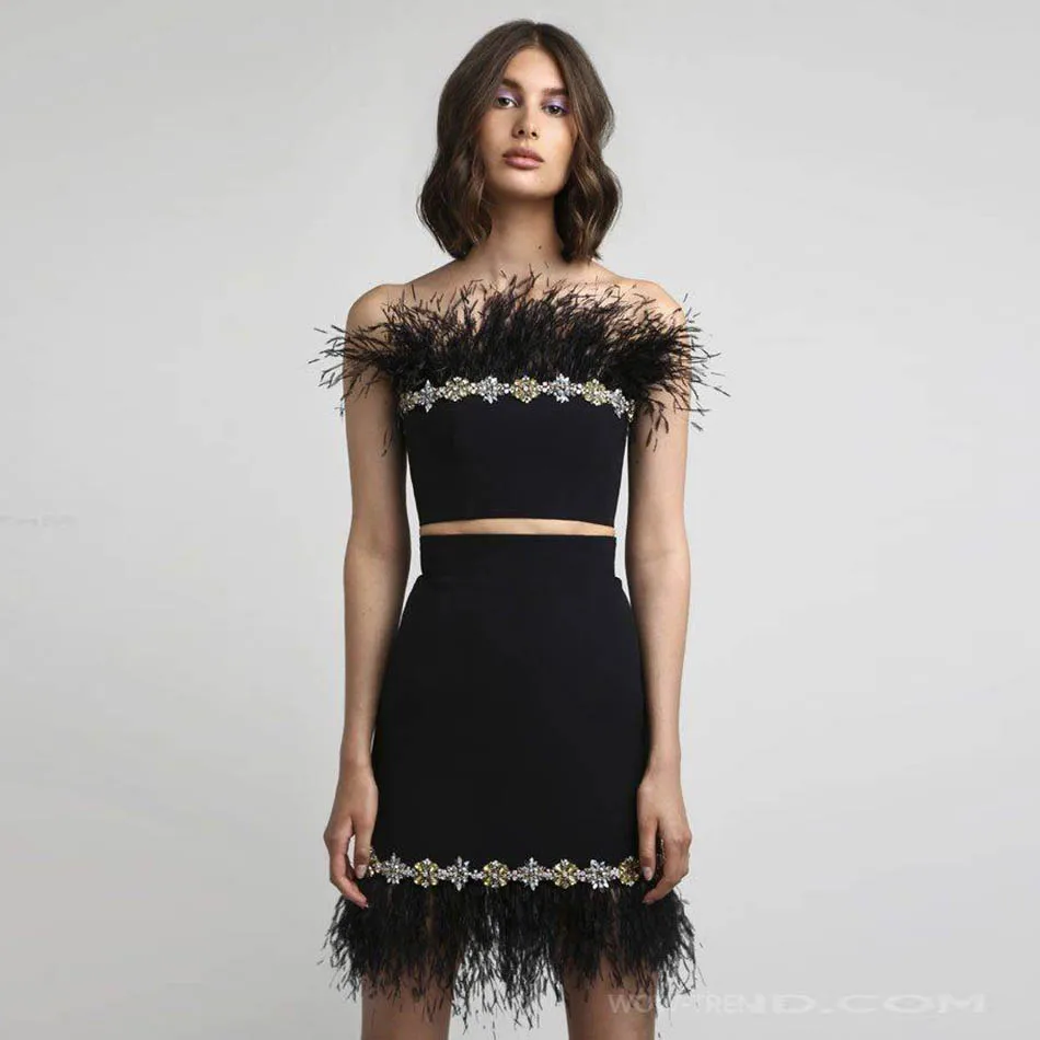 Женское платье черное Бандажное с бисером и перьями бриллиантом 2 шт.