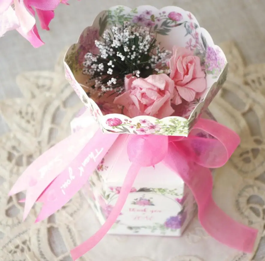 100 шт обработанные лазером коробки для конфет с цветком розовая лента свадебной