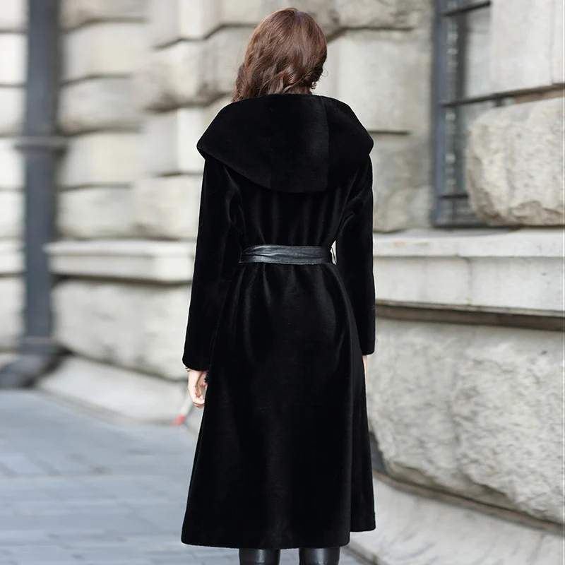AYUNSUE 2021 New Wool Real Fur Coat For Women Winter Sheep Shearing Jackets And Coats Long Hooded PU Leather Lining Overcoat | Женская