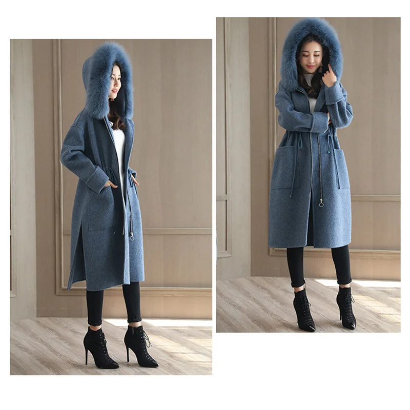 

Women woolen coat 2019 winter jacket ladies woolen coat women hooded fur collar long fashion loose coat female winter wool coat