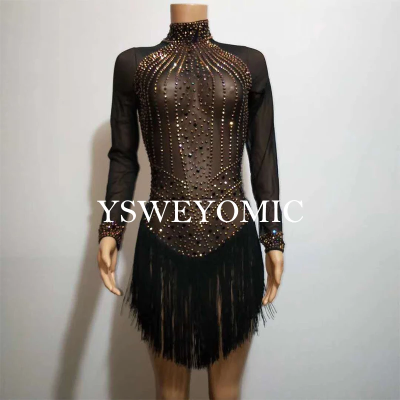 

Colorful Rhinestones Transparent Black Mesh Bodysuit Women's Diamonds Tassel Dance Costume Latin Dress Outfit Singer Dancer 06
