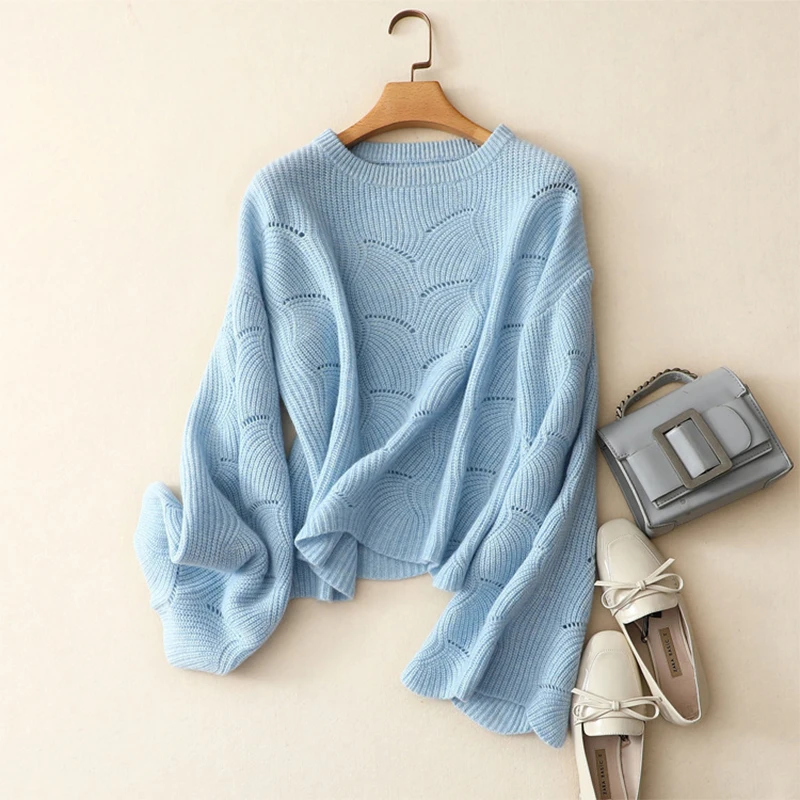 Shuchan New Womens Sweaters For Fall 2018 Women Knitted Sweater Flare Sleeve Hollow Out Female Knitting Pullovers Loose | Женская одежда