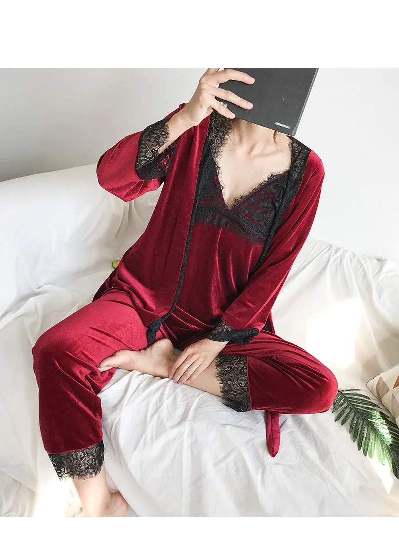 

Fdfklak Sexy lace pajamas for women long sleeve women's sleepwear set gold velvet winter pyjamas suit ladies nightwear pijama