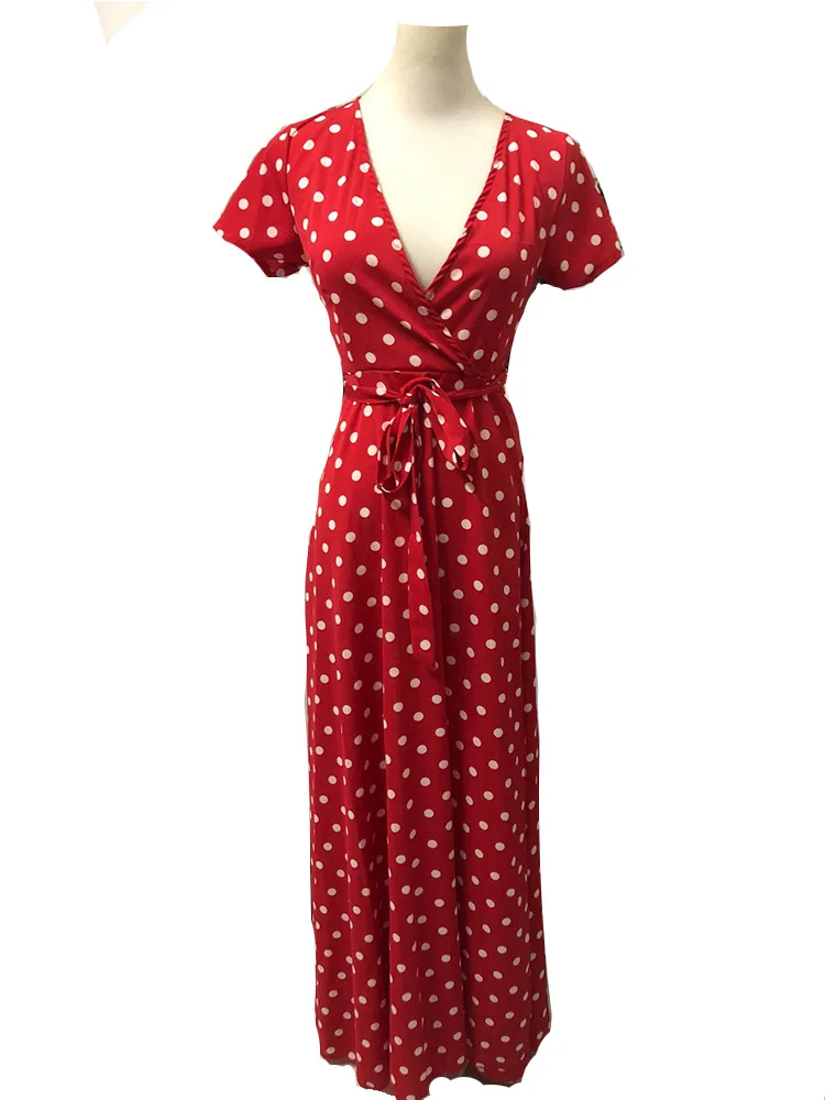 Летнее женское длинное платье в красный белый горошек Пляжное макси вечернее