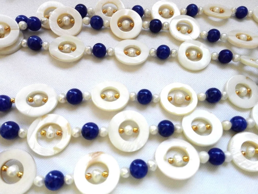 Мода 3 пряди белый пресной воды перл shell синий шарики нефрита ожерелье ювелирных