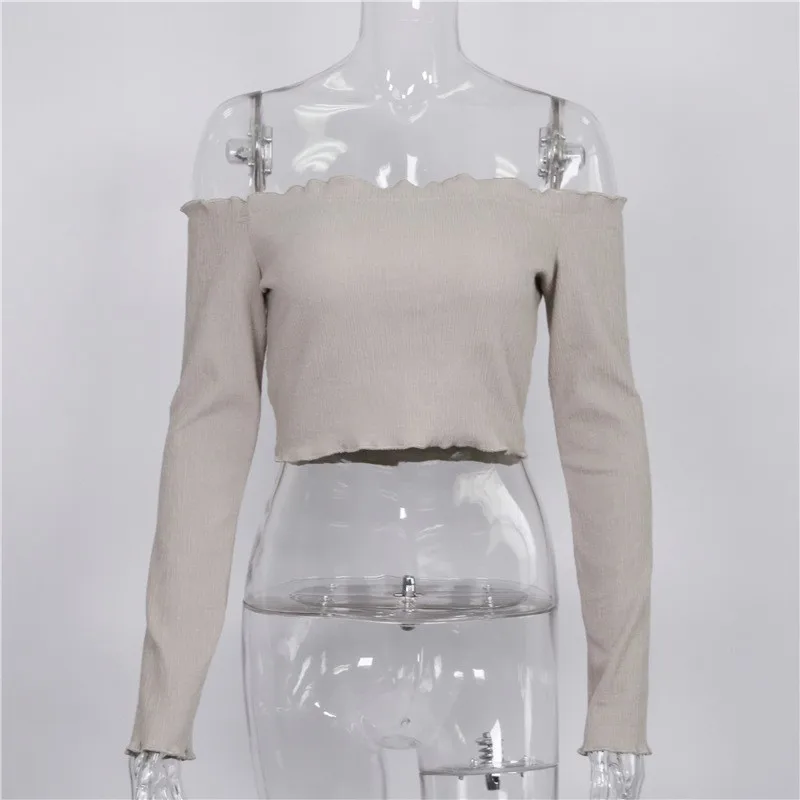 

New Sexy Off Shoulder T-Shirt Women Solid Color Short Tops Long Sleeve Ruffles T-Shirt Slim Bodycon T-Shirt Chemise Femme