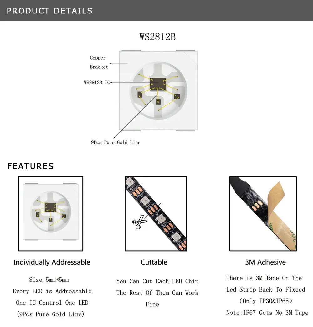 Регулируемая длина индивидуально Адресуемая ws2812b ws2812 5050smd Светодиодная лента, 60led/m черный/белый pcb, водонепроницаемый ip30/ip65/ip67 dc 5 v