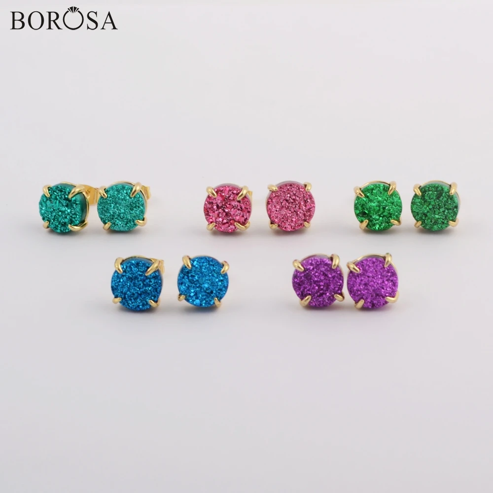 Круглые позолоченные серьги гвоздики BOROSA ZG0412 10 мм натуральный кулон агат друза