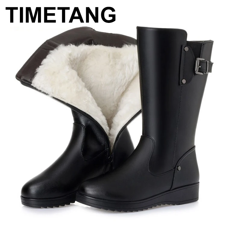 

TIMETANG Female winter boots 2018 new genuine leather female motorcycle boots, big size 41 42 43 wool boots, high heel booties