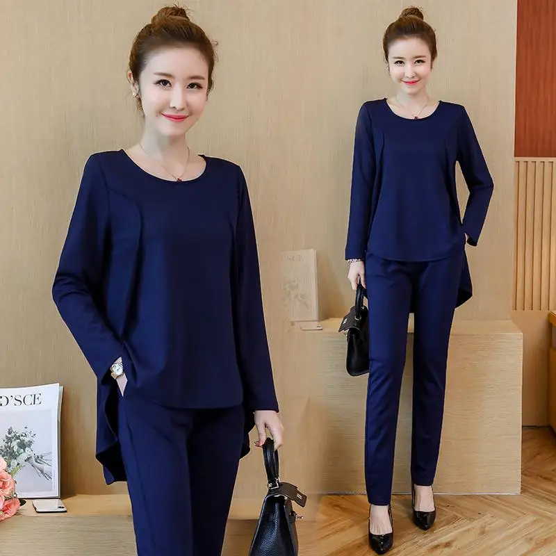blue L-5xl, осень, черный, синий, повседневный Женский комплект, длинный рукав, имитация двух частей, Топы+ штаны, женский костюм, комплекты размера плюс, женские костюмы - Цвет: blue