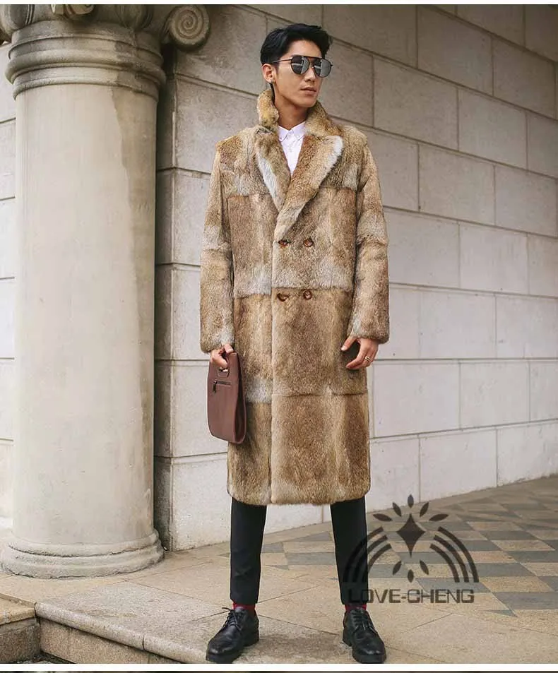 Мужская шуба из натурального меха кролика длинная куртка с отложным воротником