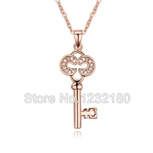 New Platinum Rose Gold Champagne Zinc Alloy Link Chain Rhinestone Pendant Necklaces Women Classic Key Fit Gift | Украшения и