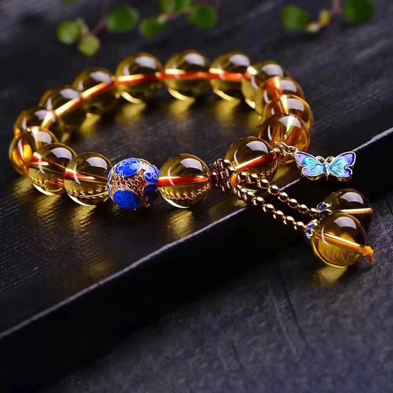 Yellow Crystal Bracelet 12mm Round Beads Baked Blue Accessorie Wealth Lucky for Women Japanese and Korean Style Jewelry | Украшения и