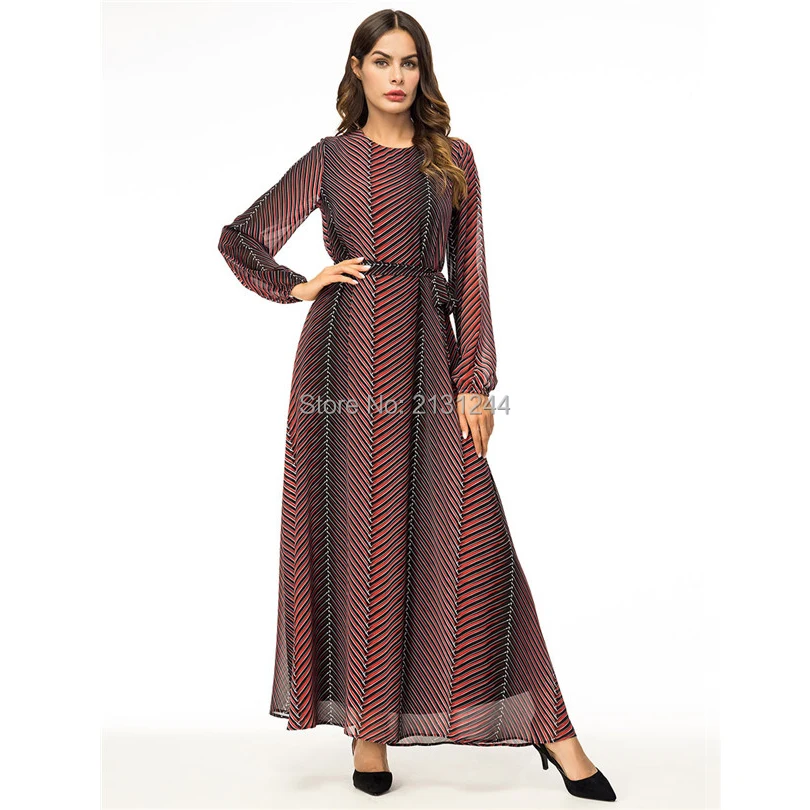 Abaya Vestidos 2018 шифоновое Полосатое Турецкий Арабский мусульманский хиджаб платье
