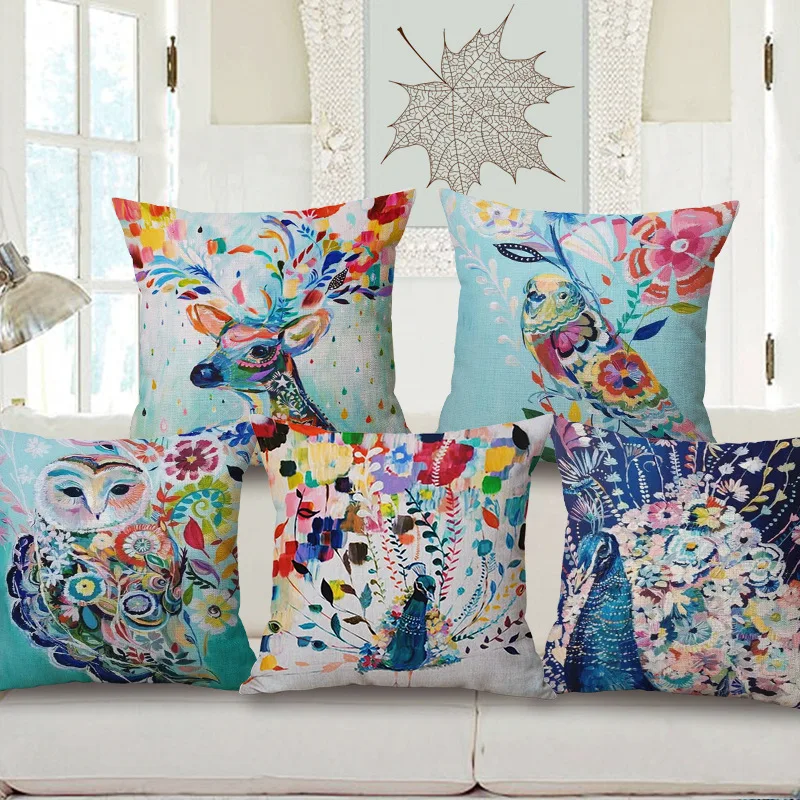 

Decorative Cotton Linen Cushion Cover 45X45Cm Capa de Dlmofada Sofa Bedding Throw Pillow Case INK Painting Animal Bird OWL