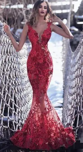Красный Robe de soiree, сексуальное женское вечернее платье русалки, прозрачное, с v-образным вырезом, красное, кружевное, с аппликацией, для выпускного вечера, платья с открытой спиной, шикарные вечерние платья - Цвет: Красный