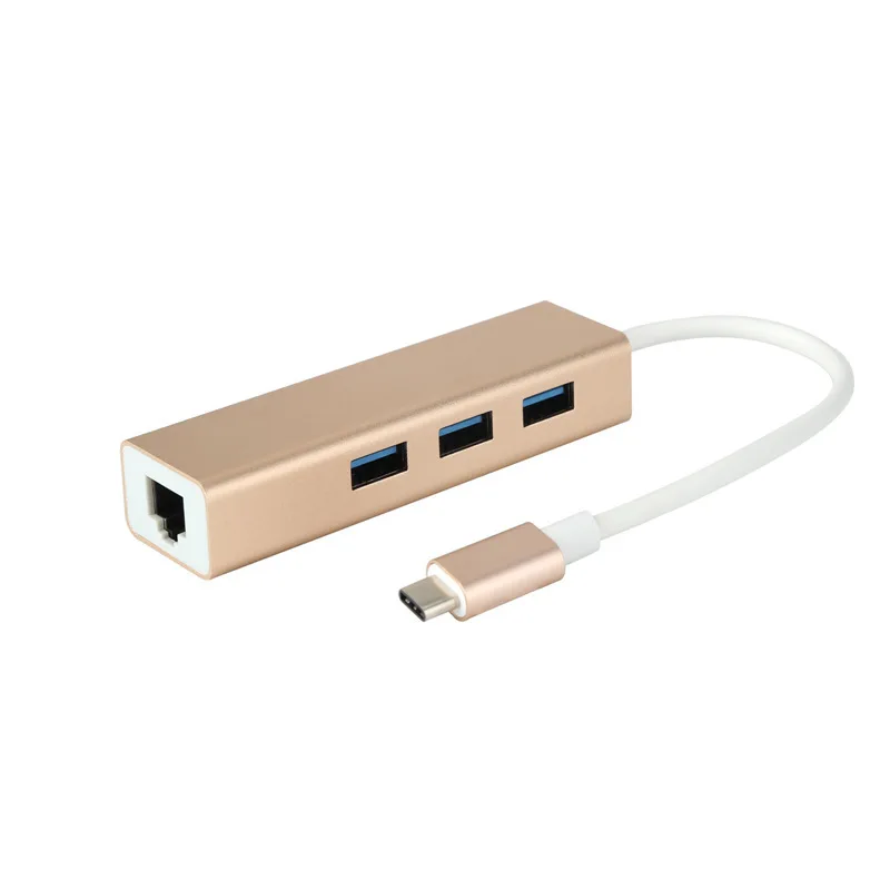 Золотой 3 порта USB 3,0 концентратор USB 3,1 type-C штекер для 10/100/1000 Мбит/с Gigabit Ethernet LAN сетевая карта RJ45 адаптер для Macbook - Цвет: Золотой