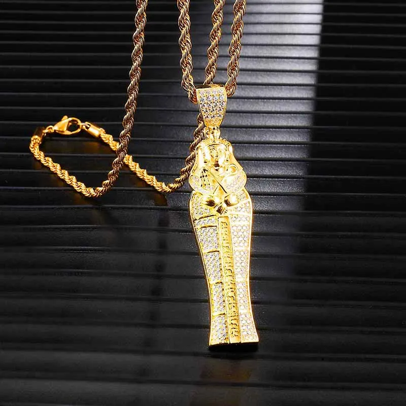 

D&Z Religion Egyptian Pharaoh Necklaces Iced Out Paved Zircon Mummy Pendant For Men Hip Hop Rock Jewelry