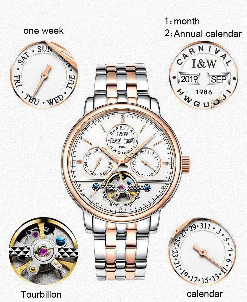 

CARNIVAL Perpetual Calendar Mens Sport Watches Automatic Skeleton Watch Steel Waterproof Tourbillon Watch with Date Day reloj