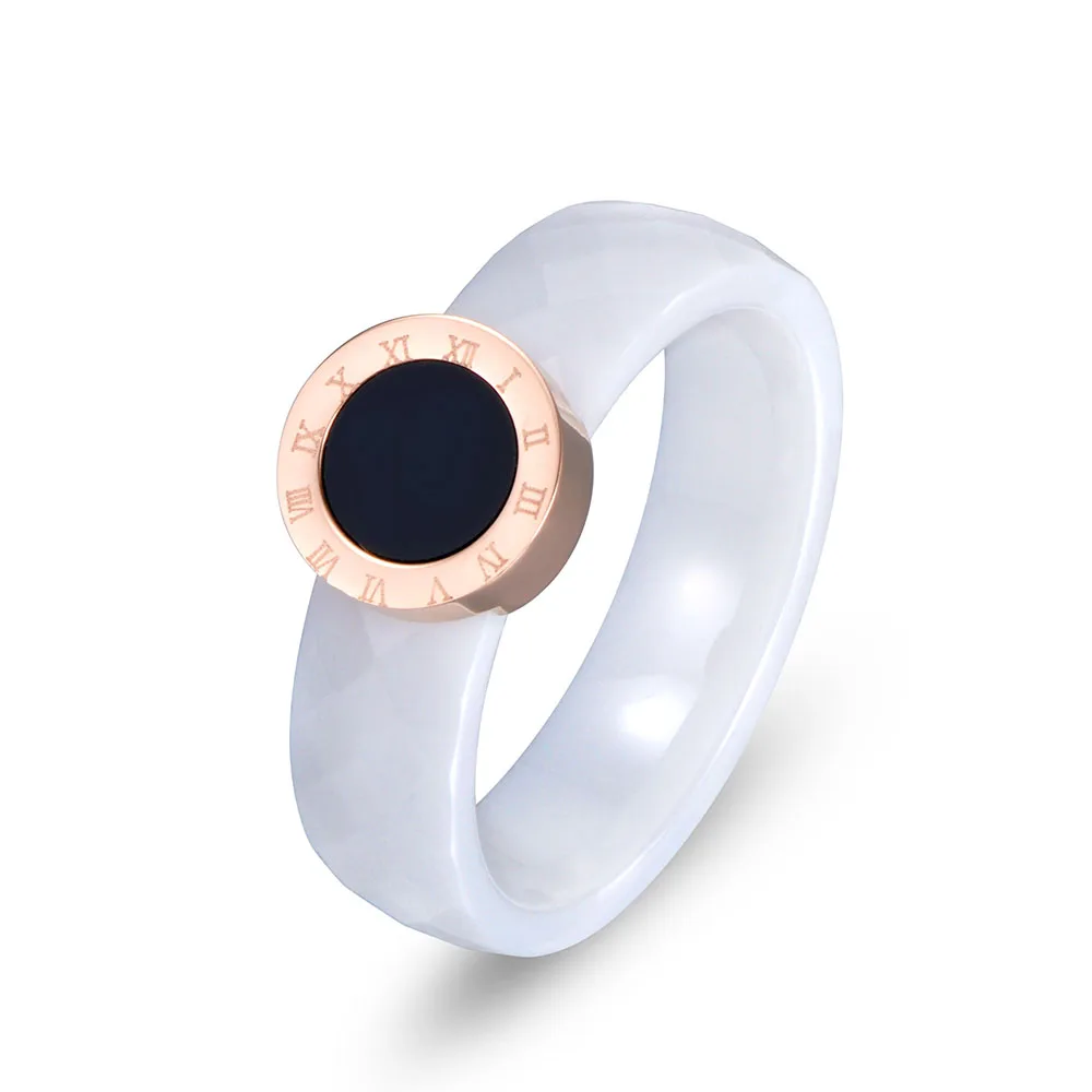 JeeMango Roman Numerals Ring Jewelry For Women Rose Gold Color Ceramic Titanium Steel Wedding Rings Anneaux R17159 | Украшения и