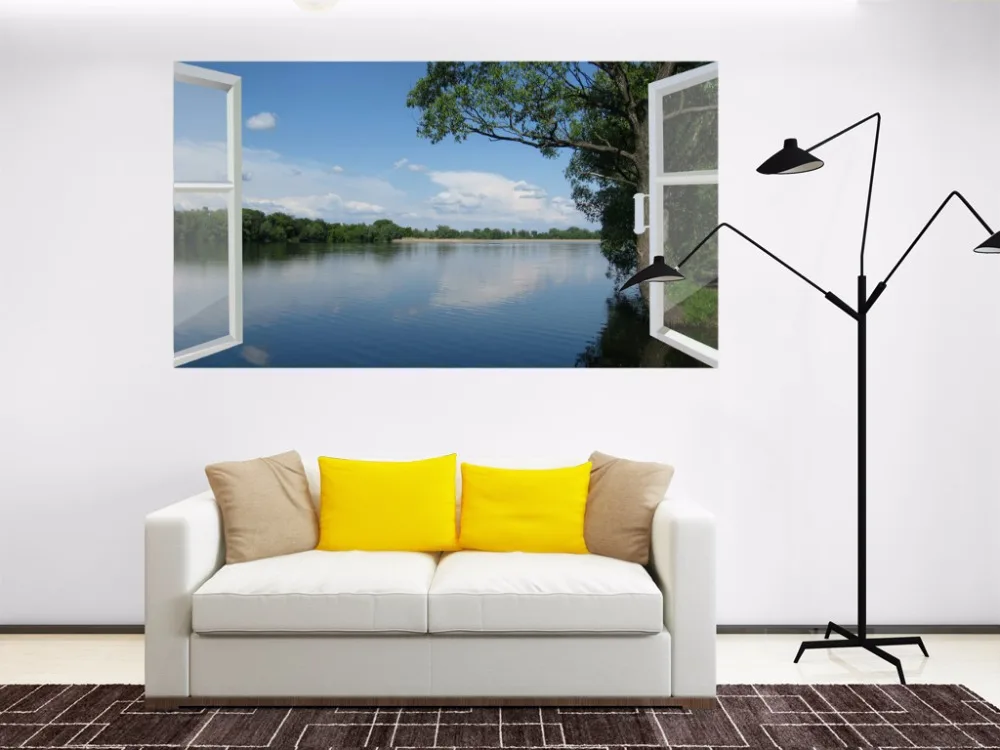 Бесплатная доставка 3d наклейка на стену с изображением окон и реки