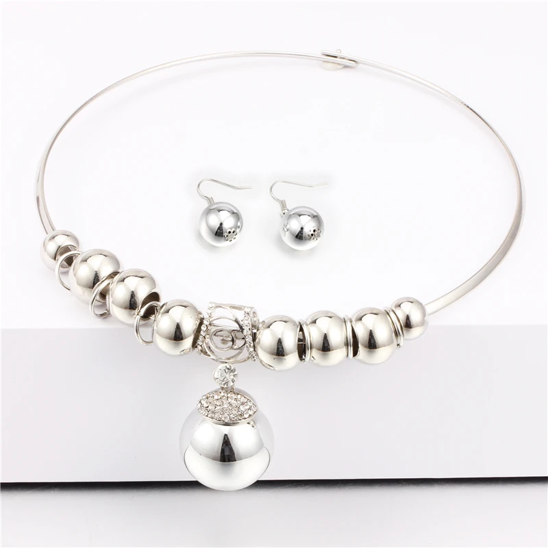 SOHOT Trendy Gold Silver Color Jewelry Sets Crystal Beads Balls Chunky Choker Statement Necklace Earrings Women Accessories Gift | Украшения
