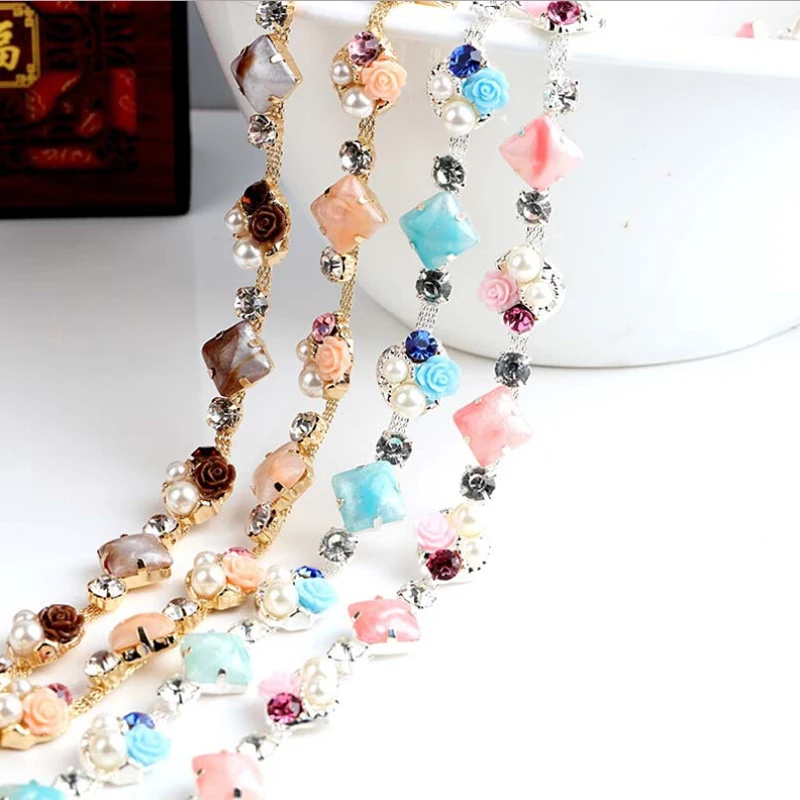 Шьют розы Блестящий горный хрусталь коготь цепь DIY свадебное платье невесты