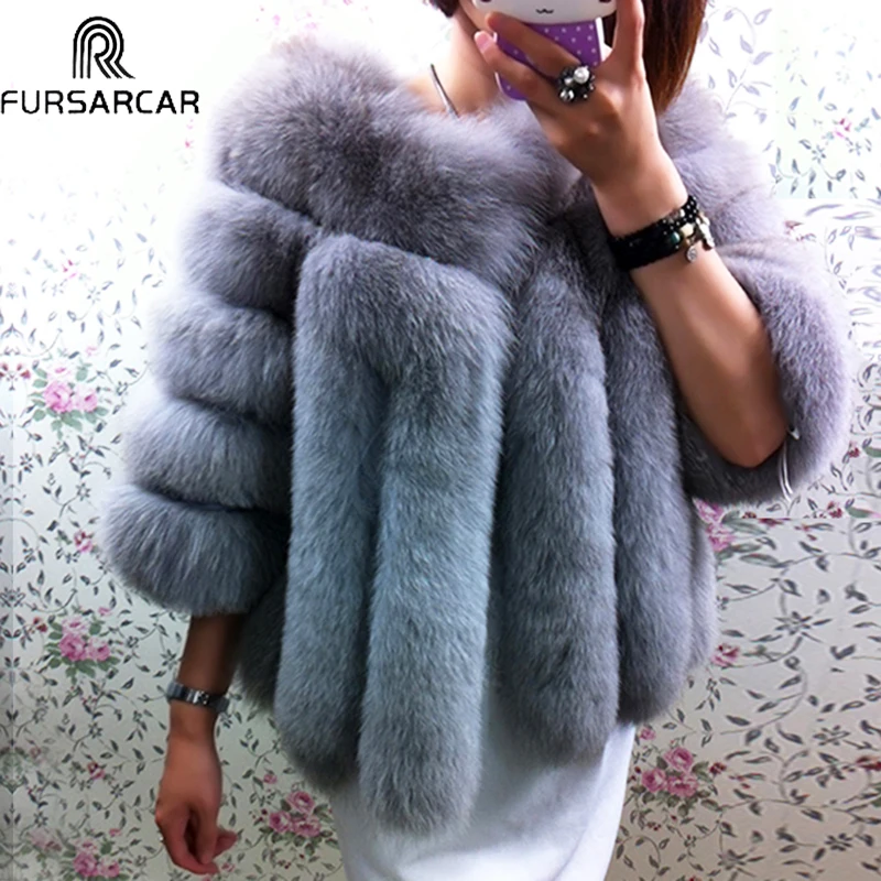 FURSARCAR зимние натурального меха шуба из Лисьего для женщин с полосками натуральным мехом укороченные пальто