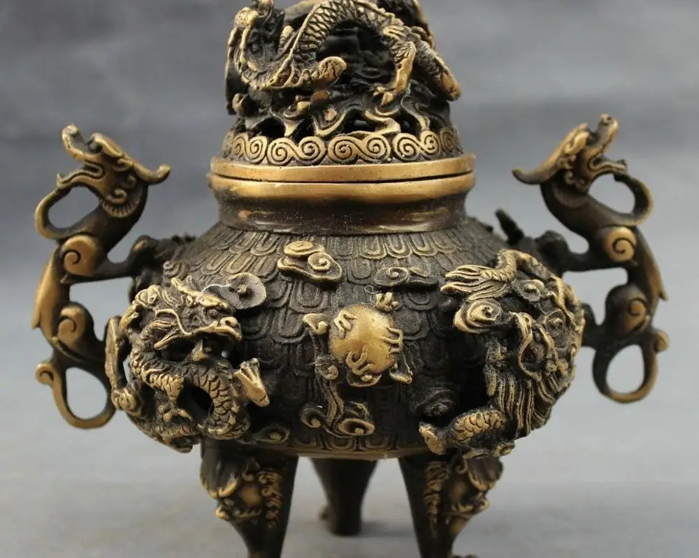 

Тибетский Бронзовый буддистский Fly Dragon Ball Статуэтка «голова льва» курильница 15x15x12 см