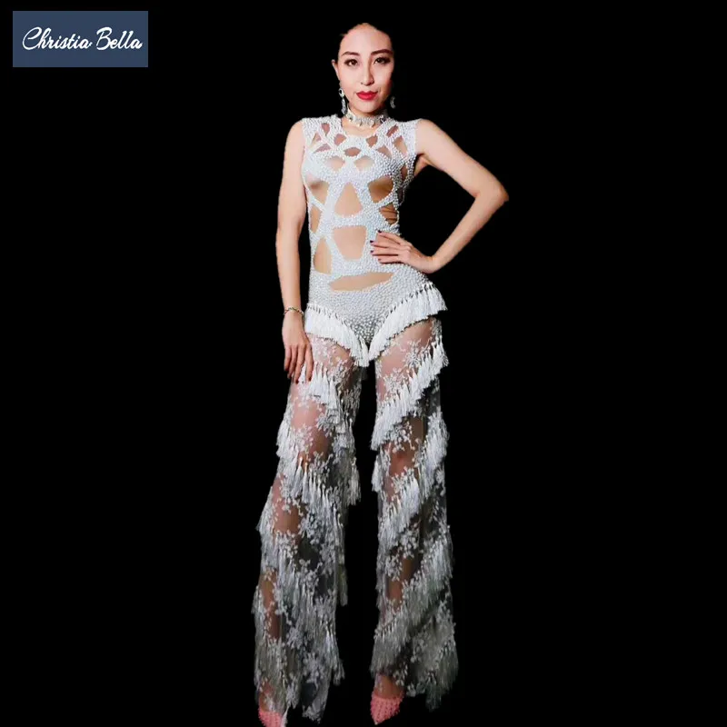 Christia Bella Sexy Lace Tassel Jumpsuit Women Bell-bottomed Pants Party Rompers Rhinestone Leotard Club Singer Stage Costumes