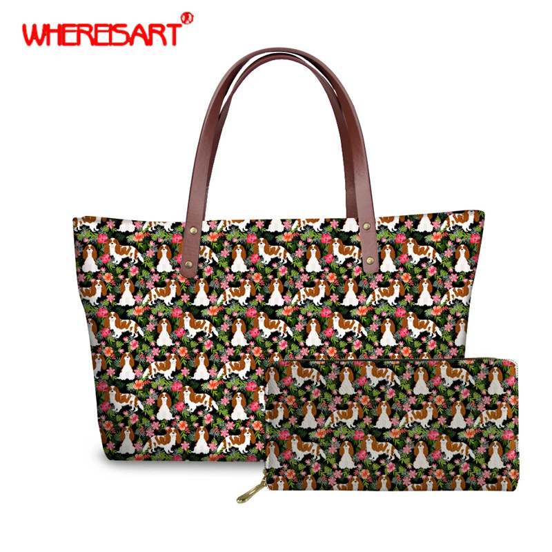 WHEREISART индивидуальные King Charles Spaniel печать женская большая сумка тоут сумки с