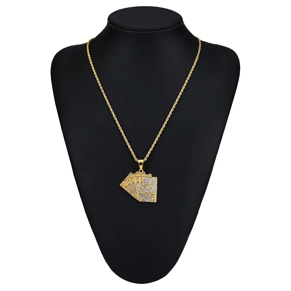 Stainless Steel Personalized Playing Cards Pendant Hearts Poker Necklace for Men Gift Club Jewelry Golden Fashion Chain | Украшения и