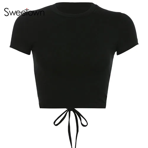 Sweetown/черная однотонная тонкая сексуальная Базовая футболка с коротким рукавом, женская уличная футболка с перекрестной шнуровкой сзади, открытая укороченная футболка, летняя футболка - Цвет: black