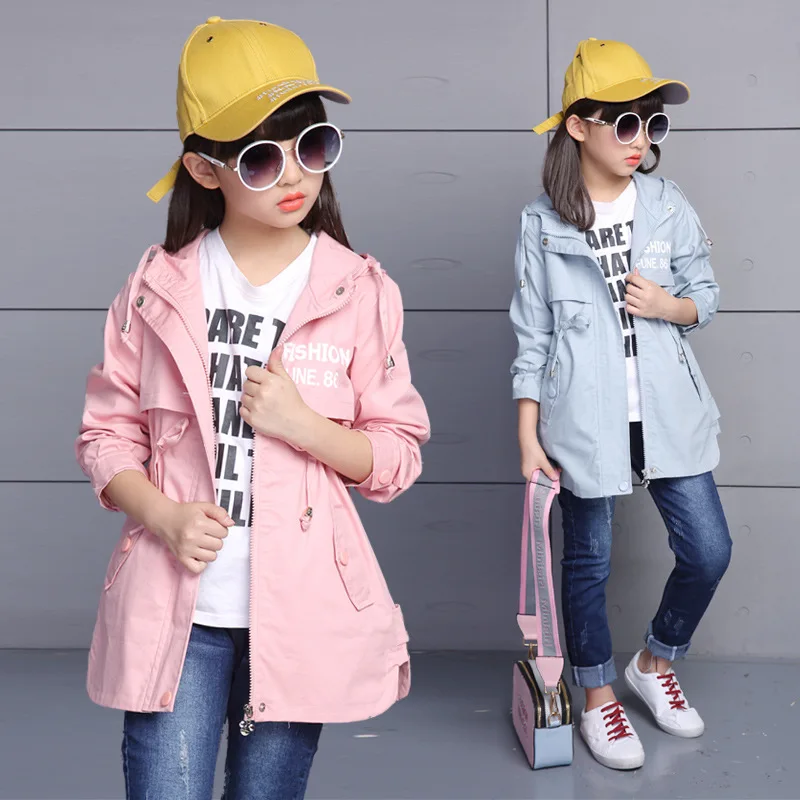 Teenager Spring Autumn Girls Trench Coat Fashion Hooded Jacket Long Cardigan Kids School Clothing Casual Outwear 3-14 Age | Детская