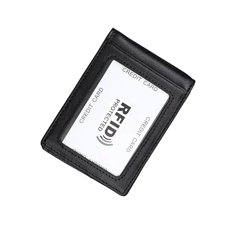 Черный Women Men Genuine Leather Money Clip Wallet Rfid Card Case Holder Crazy Horse Slim Clamp for Money Small Female Male Purse Walet - Цвет: Черный