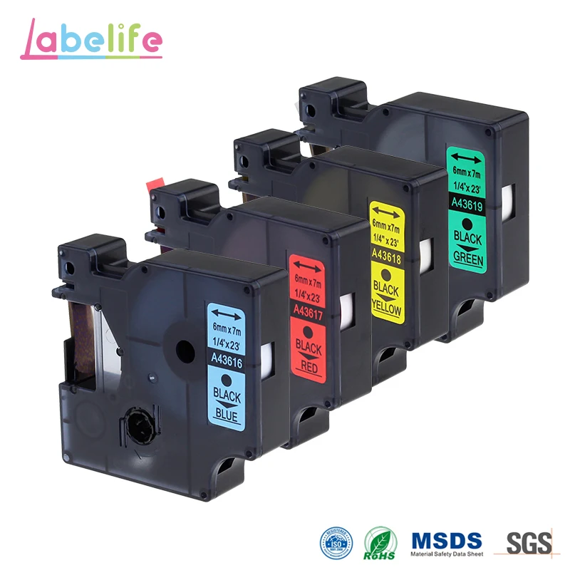 Labelife 4Pack Combo 6mm DYMO D1 картридж ленты для маркировки Замена 43616 43617 43618 43619 Φ 200 250 260P