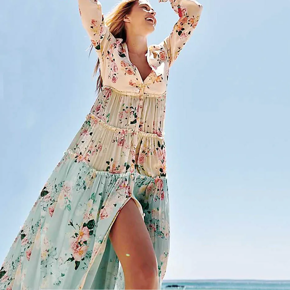 

QR Summer Dress Women 2019 Casual Patchwork Floral Print Long Party Dress Female Sexy Deep V Neck Split Boho Beach Maxi Dresses
