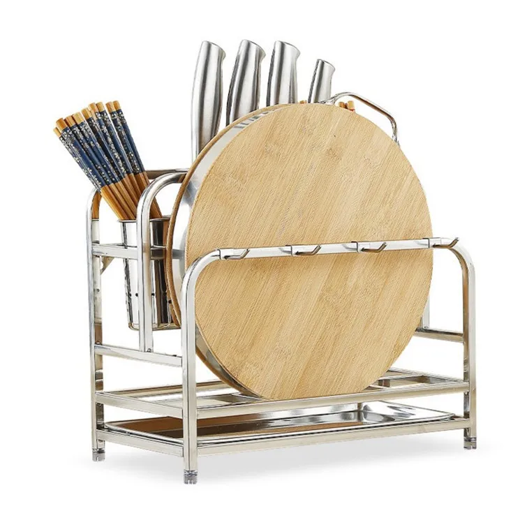 Kitchen Storage Rack Stainless Steel Organizer Shelf Condiment Knife Chopping Board Holder Dual Layer Holder