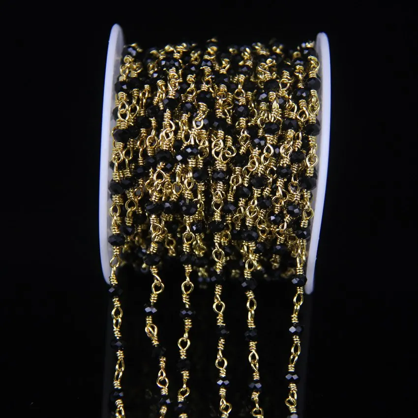 5 метров 2x3 мм черный агат стеклянные бусины граненые цепи Rondelle позолоченные