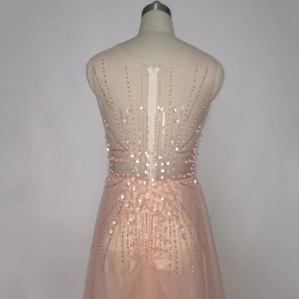 

E JUE SHUNG Pink Tulle Beaded Luxury Evening Dresses Long Sheer Back Formal Dresses Evening Gowns abendkleider