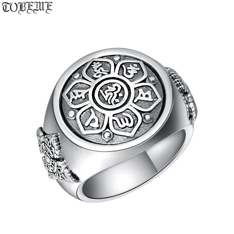 

100% 925 Silver Tibetan OM Six Words Proverb Ring Sterling Buddhist Vajra Symbol Ring Pure Silver Tibetan Dorje Symbol Man Ring