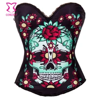 skullfloral print burlesque corset sexy lingerie corsage women punk rave gothic clothing corsets and bustiers korset steampunk