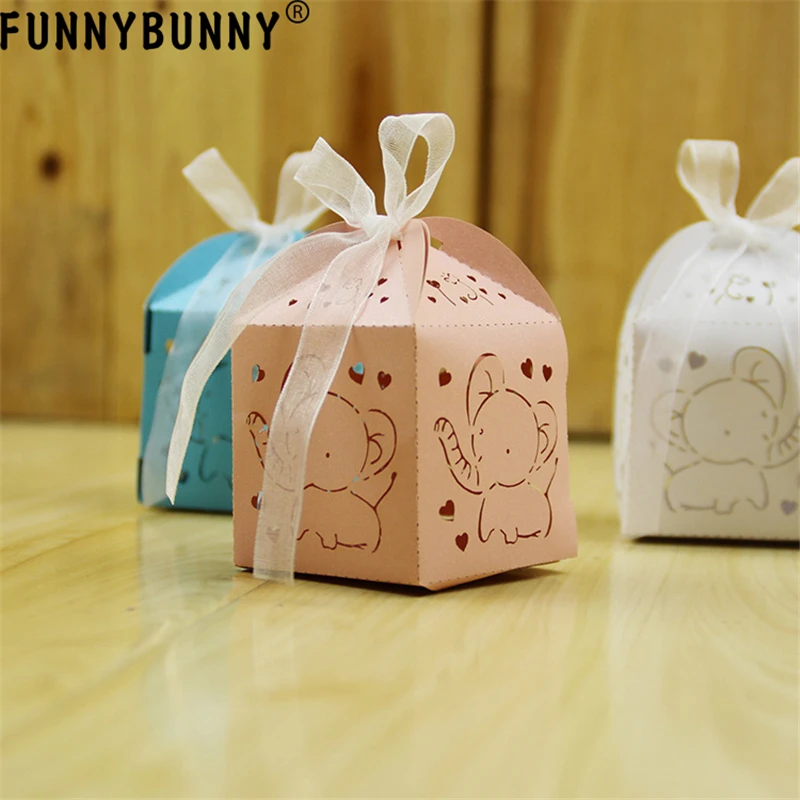FUNNYBUNNY 5 шт. слон лазерная резка Baby Shower конфеты коробки ленты Свадебные сувениры