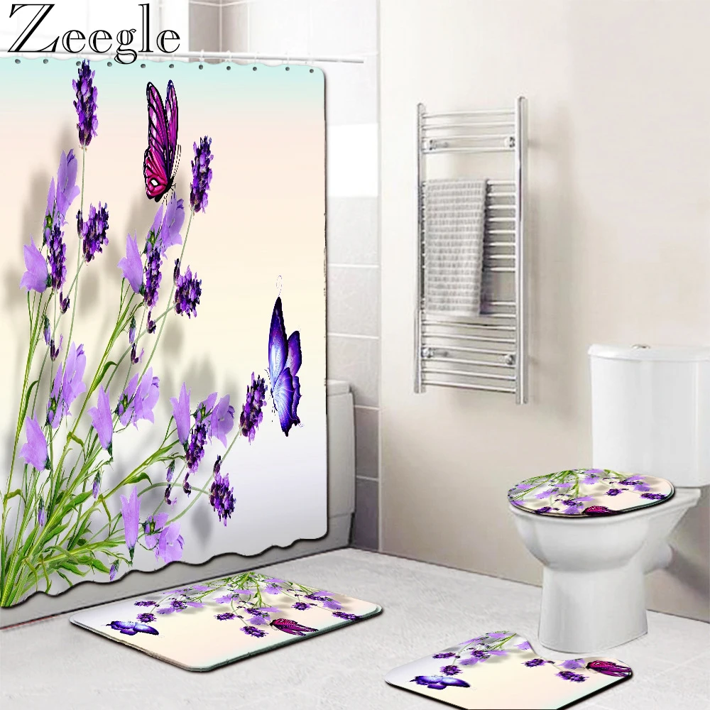 

Zeegle 3D Floral Printed Microfiber Bath Mat With Waterproof Polyester Shower Curtain Toilet Floor Mat Water Absorbing Bath Rugs