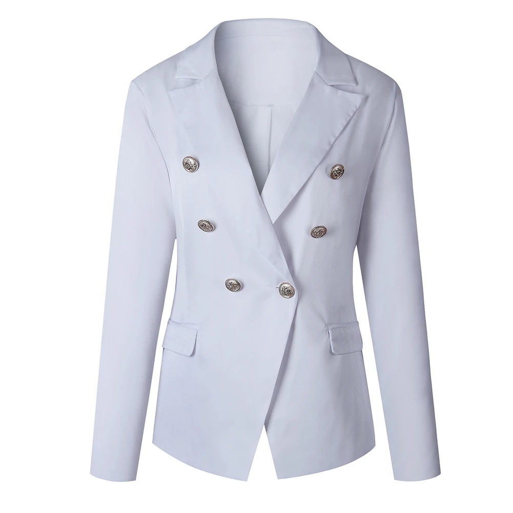 White SANWOOD Work Office Lady Solid Color Lapel Long Sleeve Double Breasted Pocket Women's Spring Autumn Slim Fit Suit Blazers - Color: White