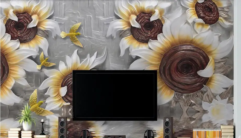 Пользовательские 3D Роскошные обои рельефные подсолнухи цветы богатые ТВ фон