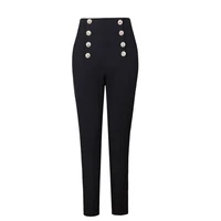 2021 hot selling popular style elegant women solid color black white buttons slim penci pants all match ankle length capris
