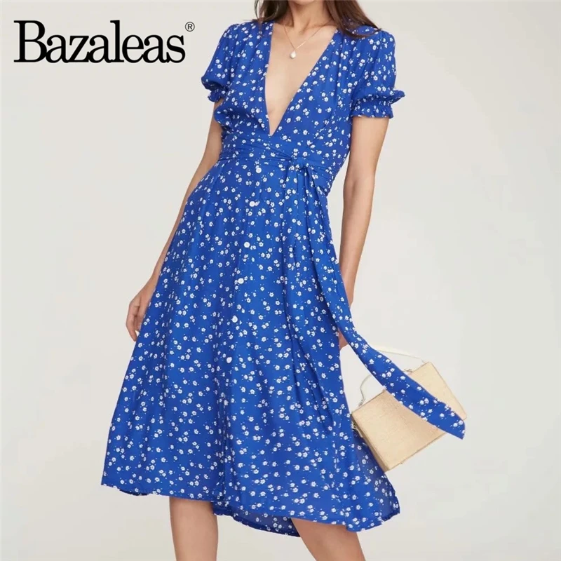 Bazaleas винтажное платье с завязками на талии vestidos синее цветочным принтом женское