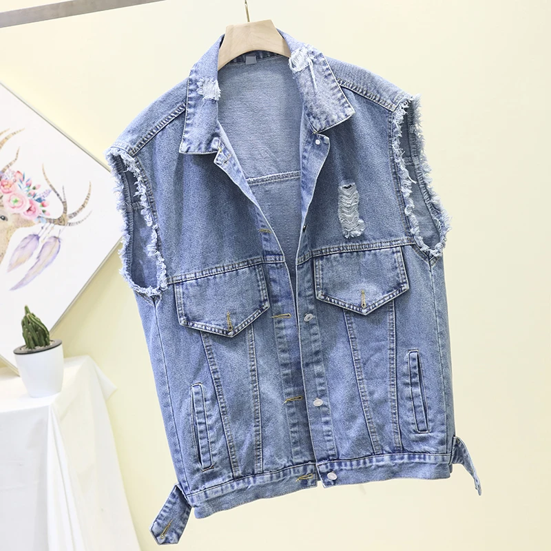 Весенне летний женский короткий джинсовый жилет Женская куртка без рукавов с